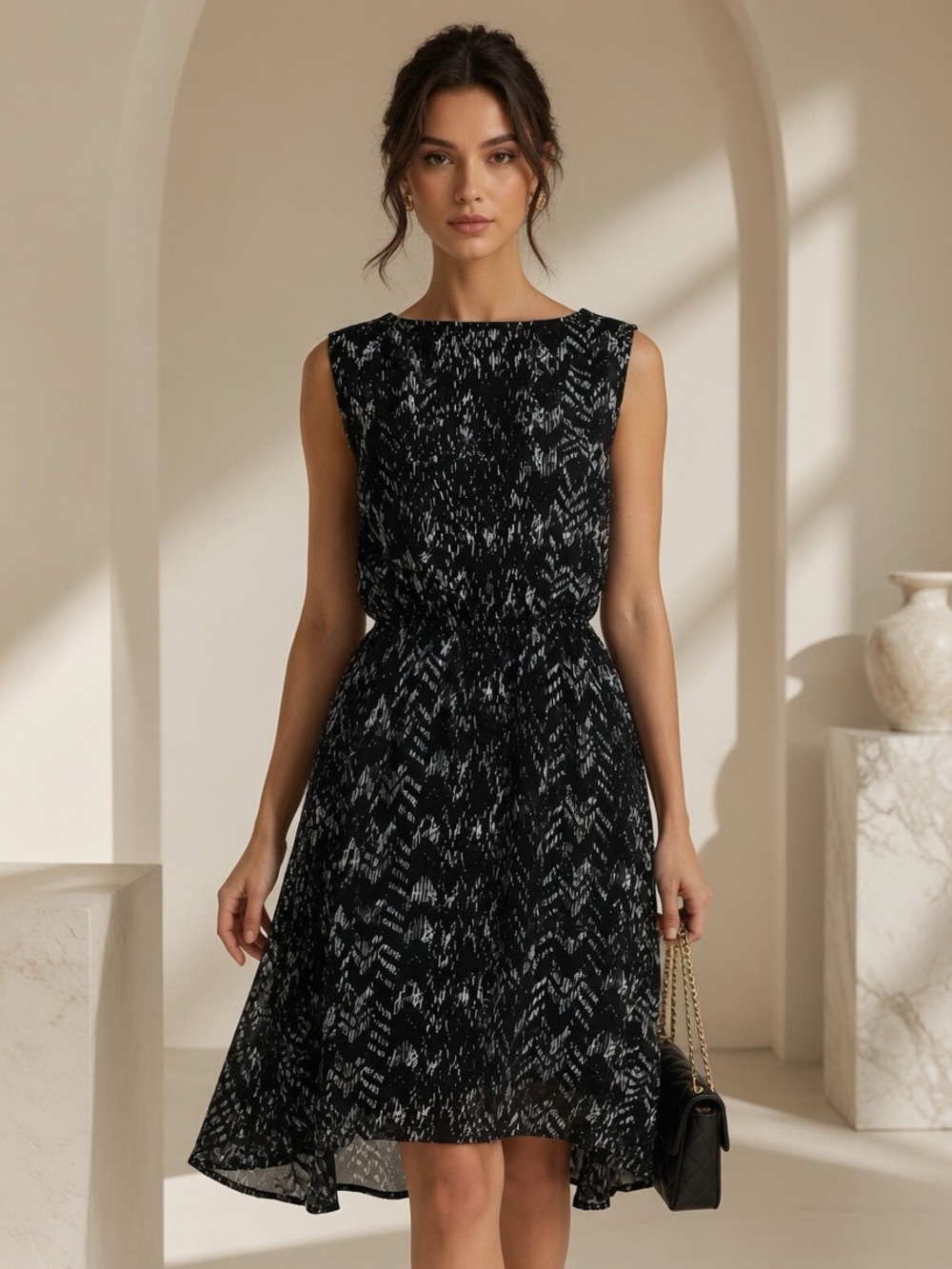 Sleeveless Black Printed Midi Dress